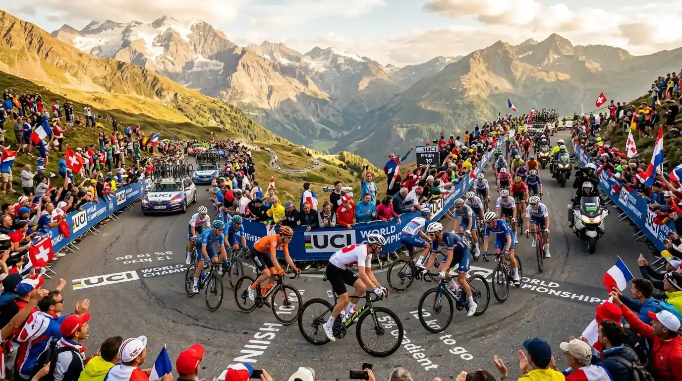 Pelotón del Mundial de Ciclismo UCI ascendiendo un puerto de montaña con el público animando a ambos lados de la carretera