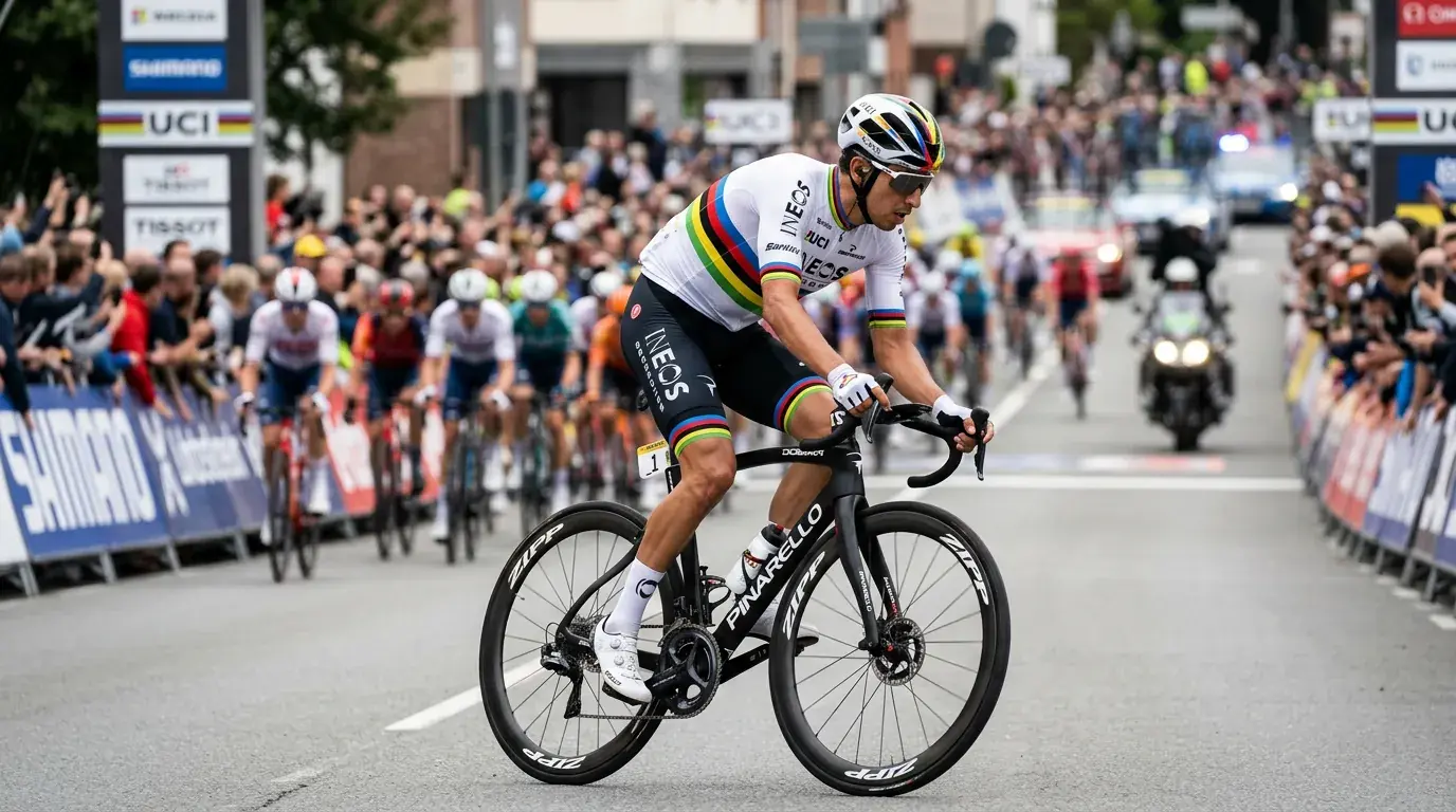 Ciclista vistiendo el maillot arcoíris de campeón del mundo compitiendo en una carrera profesional