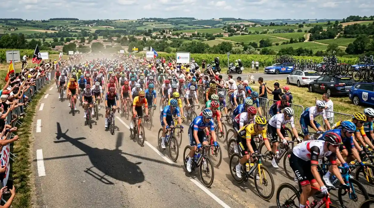 Pelotón de ciclismo profesional durante una carrera de ruta con diferentes equipos y estrategias